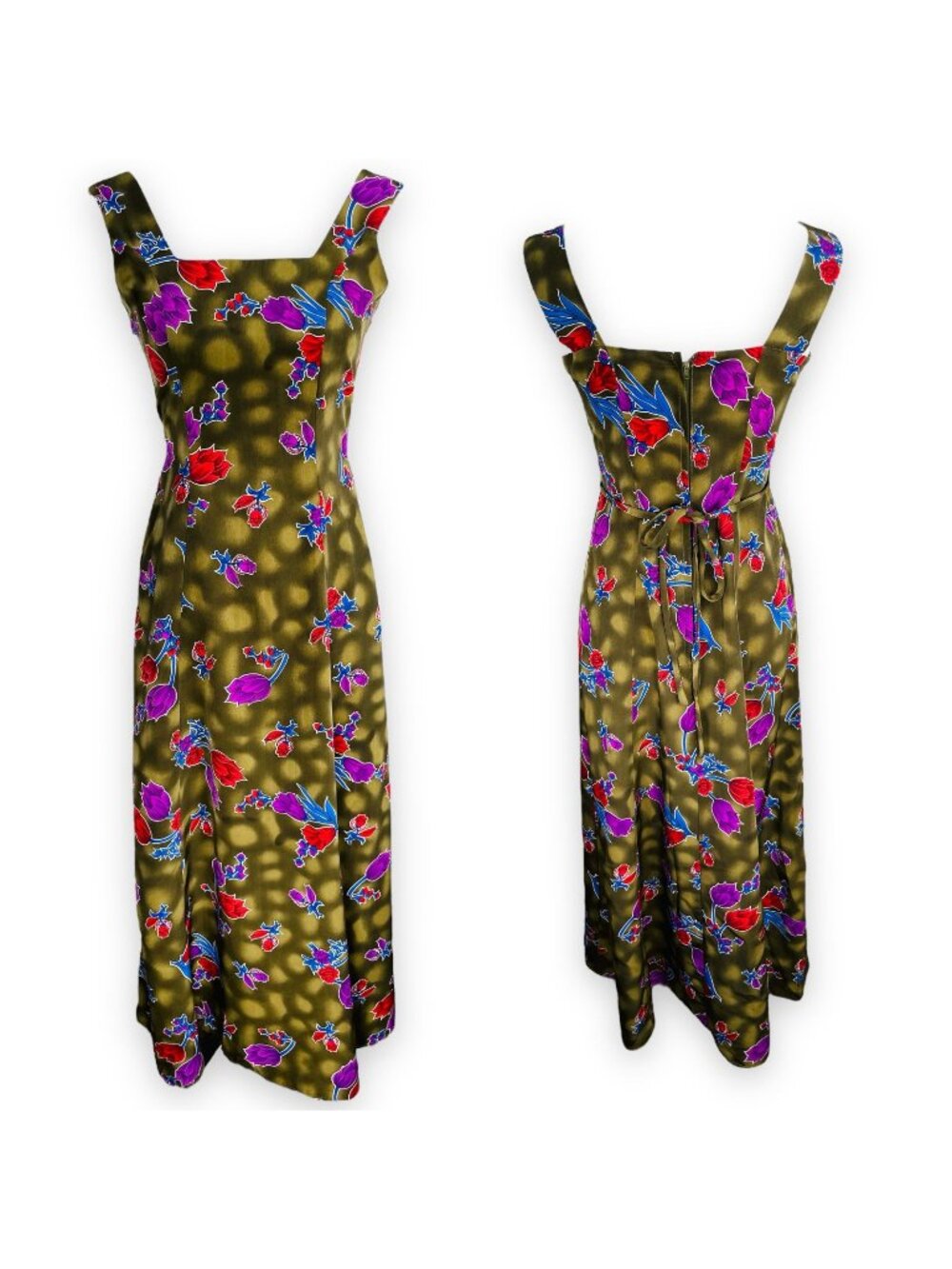 Vintage 90s Army Green Bright Floral Sleeveless Square Neck Midi Dress Small